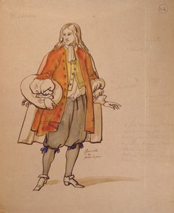 コメディフランセーズで1847年に制作されたモリエールの「ドンファン」（1622-73）の衣装デザイン（紙にペンとインクとトイレ） 作： Achille Devéria